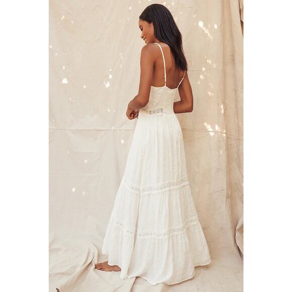 NEW Lulus Light Breeze White Striped Crochet Lace Tiered Maxi Dress Size Small - Picture 3 of 14